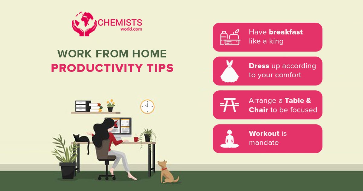 ChemistsWorld's tweet photo. Simple productivity tips & tricks which you can implement today to become performer in #WorkFromHome during #Covid_19 #lockdownindia #Dressupshowup #Chemistsworld #OnlinePharmacy #workout #Workstation https://t.co/IAGemux9iu