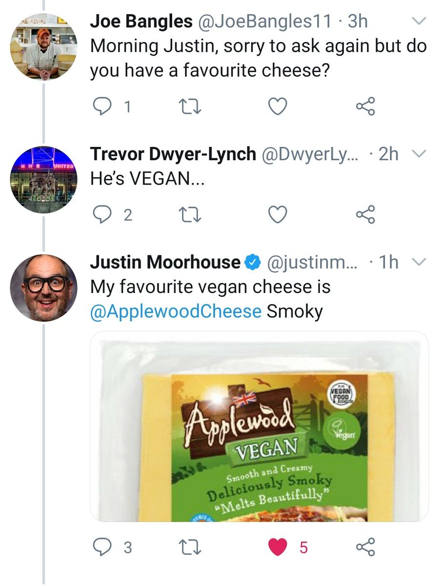 Thank you to the comedy LEGEND that is  @BeingBoycie and the hillarious  @KerryAGodliman,  @AsimC86 and  @justinmoorhouse for your wonderful replies and cheese (and vegan cheese) choices.Feeling humbled. #thursdaymorning #ThursdayThoughts #thursdayvibes