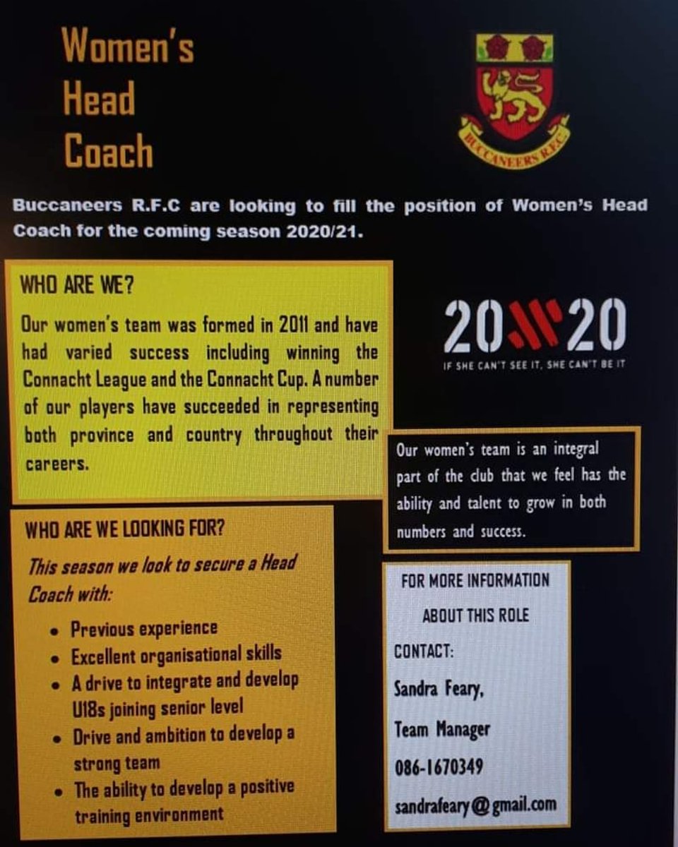 Any coach looking for an new opportunity <a href="/buccaneersrfc/">Buccaneers RFC</a> are looking for a women's team head coach

#20x20 #WomensRugby #Connacht
