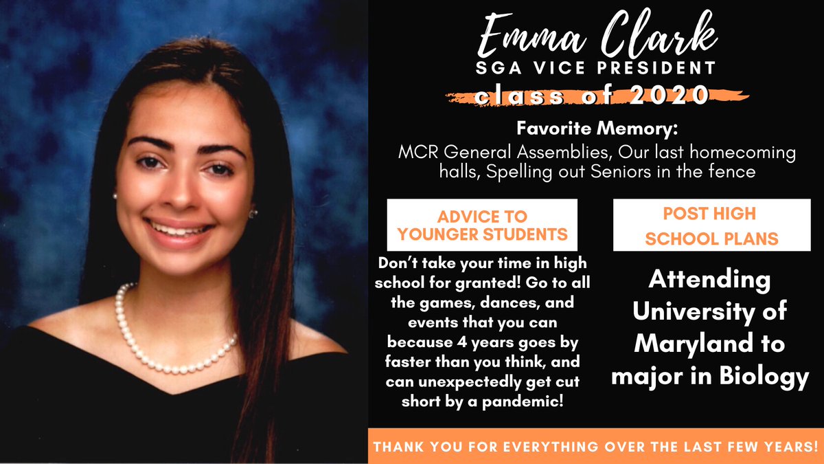 This week we are highlighting our amazing Senior Officers who have dedicated their time to making RHS a better place!

Check out Emma Clark who was an officer for 2 years. Thanks for your dedication to RHS! Best of luck at UMD &amp; all your future endeavors! 🎓🧡🖤 #therockvilleway