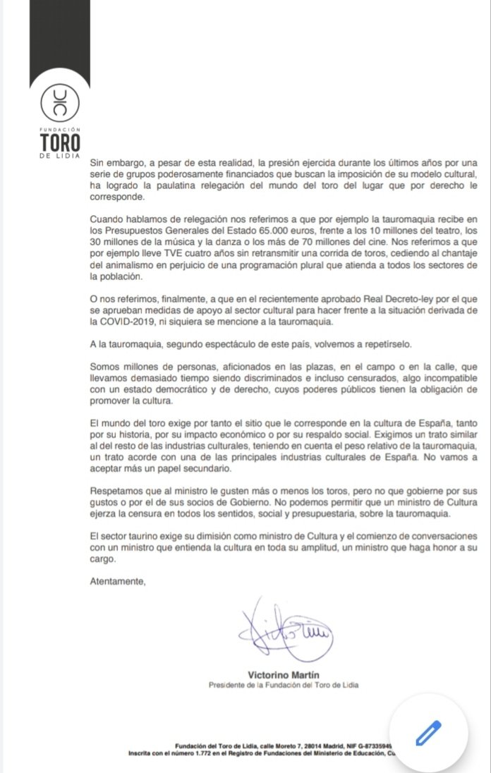 🔴 Carta íntegra enviada a <a href="/jmrdezuribes/">José Manuel Rodríguez Uribes</a>, ministro de <a href="/culturagob/">Ministerio de Cultura</a>, solicitando su dimisión por su discriminación con la tauromaquia

📩 Exigimos un trato similar al del resto de las industrias culturales

➡️fundaciontorodelidia.org/2020/05/21/el-…