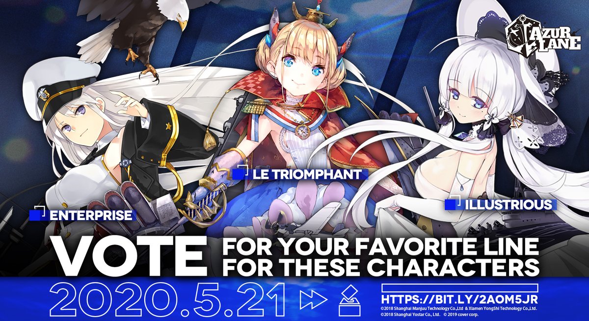 Dear Commander, Please head toward this Google form (bit.ly/2AOM5Jr) to vote for your favorite line for Enterprise, Illustrious and Le Triomphant. The voting period will end on June 5th, 12:00 A.M. (UTC-7). Stay tuned for the purpose of this voting. #AzurLane #Yostar