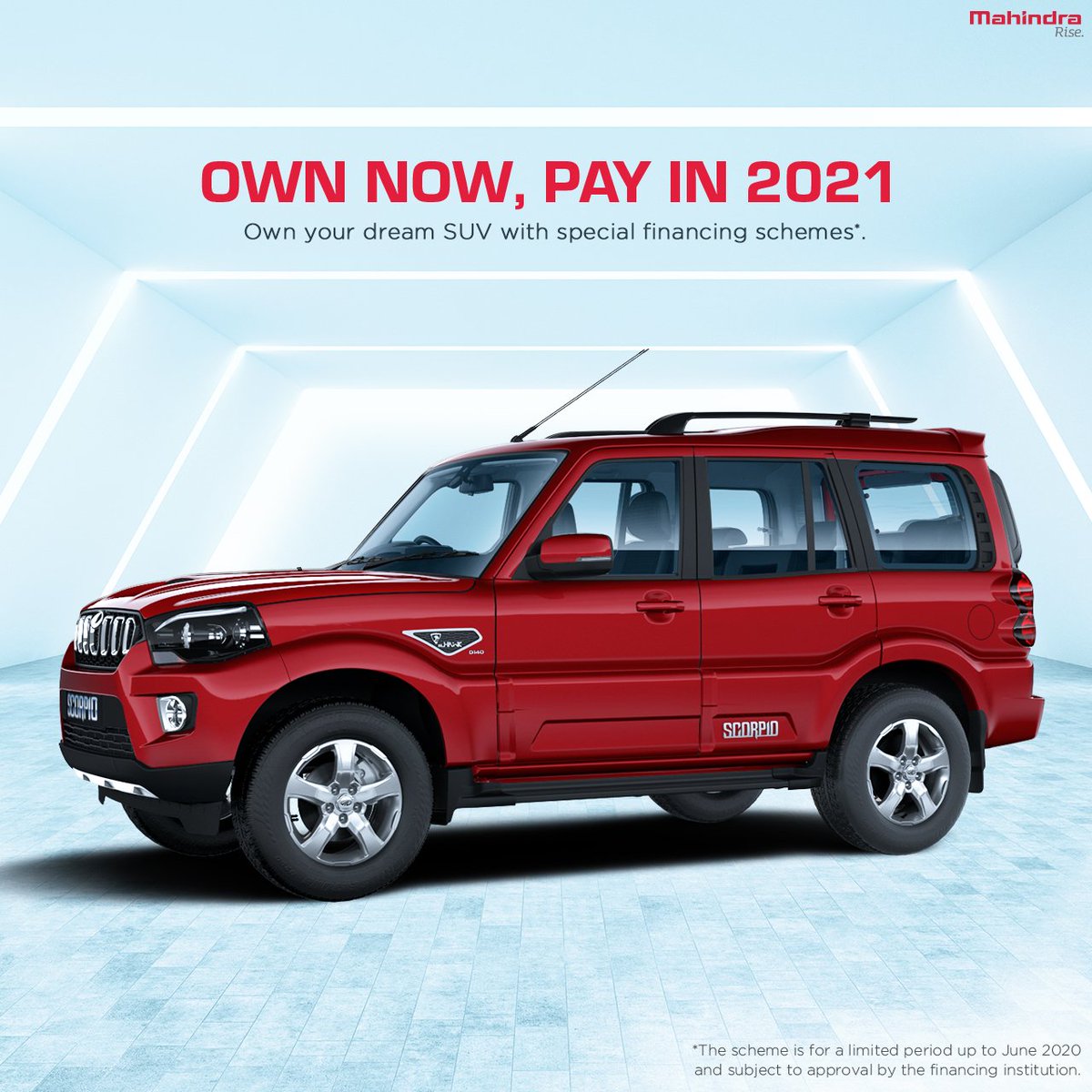 MahindraScorpio's tweet photo. Get the Mahindra SUV of your dreams now and pay in 2021! To learn more, contact your nearest dealership. #StartSafe #StartEasy https://t.co/BjUvw7DHbF