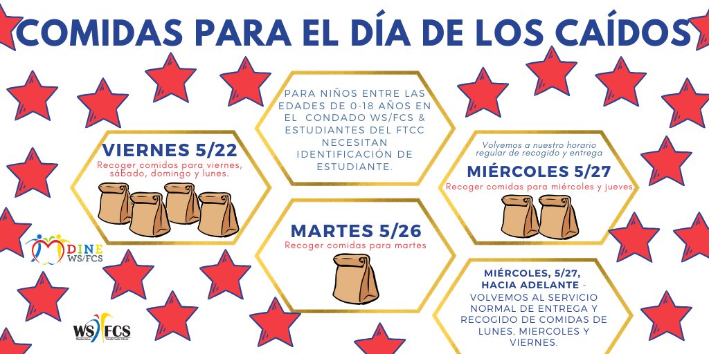 wsfcs's tweet photo. There will be changes to Meal Distributions for the Memorial Day Weekend.  

Fri, May 22, 2020- Meals will be distributed for Fri-Mon.

Tues, May 26, 2020- Meals for Tues. only will be available.

Wed, May 27, 2020- Move back to the regular M,W,F schedule.

#wsfcs @WSFCSFood https://t.co/AdJ9gCcpE8