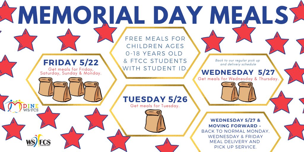 There will be changes to Meal Distributions for the Memorial Day Weekend.  

Fri, May 22, 2020- Meals will be distributed for Fri-Mon.

Tues, May 26, 2020- Meals for Tues. only will be available.

Wed, May 27, 2020- Move back to the regular M,W,F schedule.

#wsfcs <a href="/WSFCSFood/">WSFCS Nutrition</a>