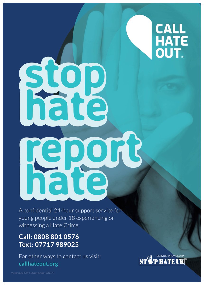 CallHateOut's tweet photo. We're excited to tell you about our new A5 postcards &amp; A4 posters for our Call Hate Out™ service, a confidential 24-hr support service for #youngpeople under 18 experiencing or witnessing #HateCrime.

Find out more: https://t.co/r8vjl1JreV or to order email info@stophateuk.org https://t.co/o9D7BUBFVC