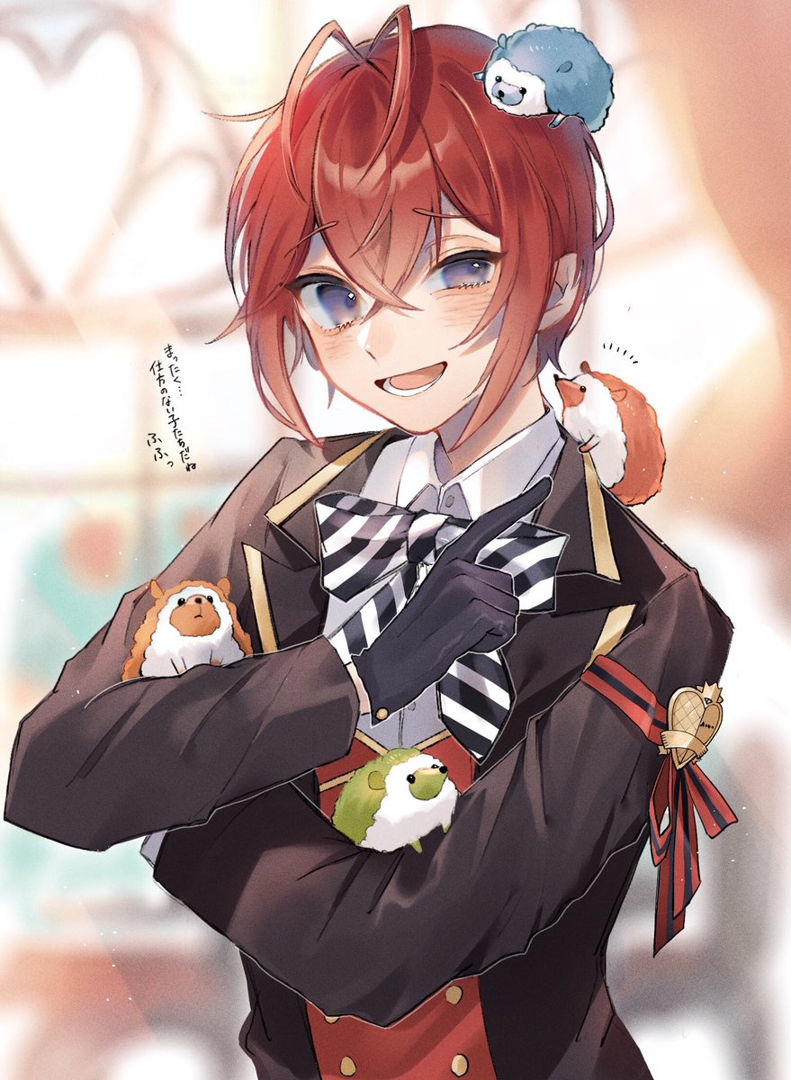 1boy male focus red hair gloves blush smile open mouth  illustration images