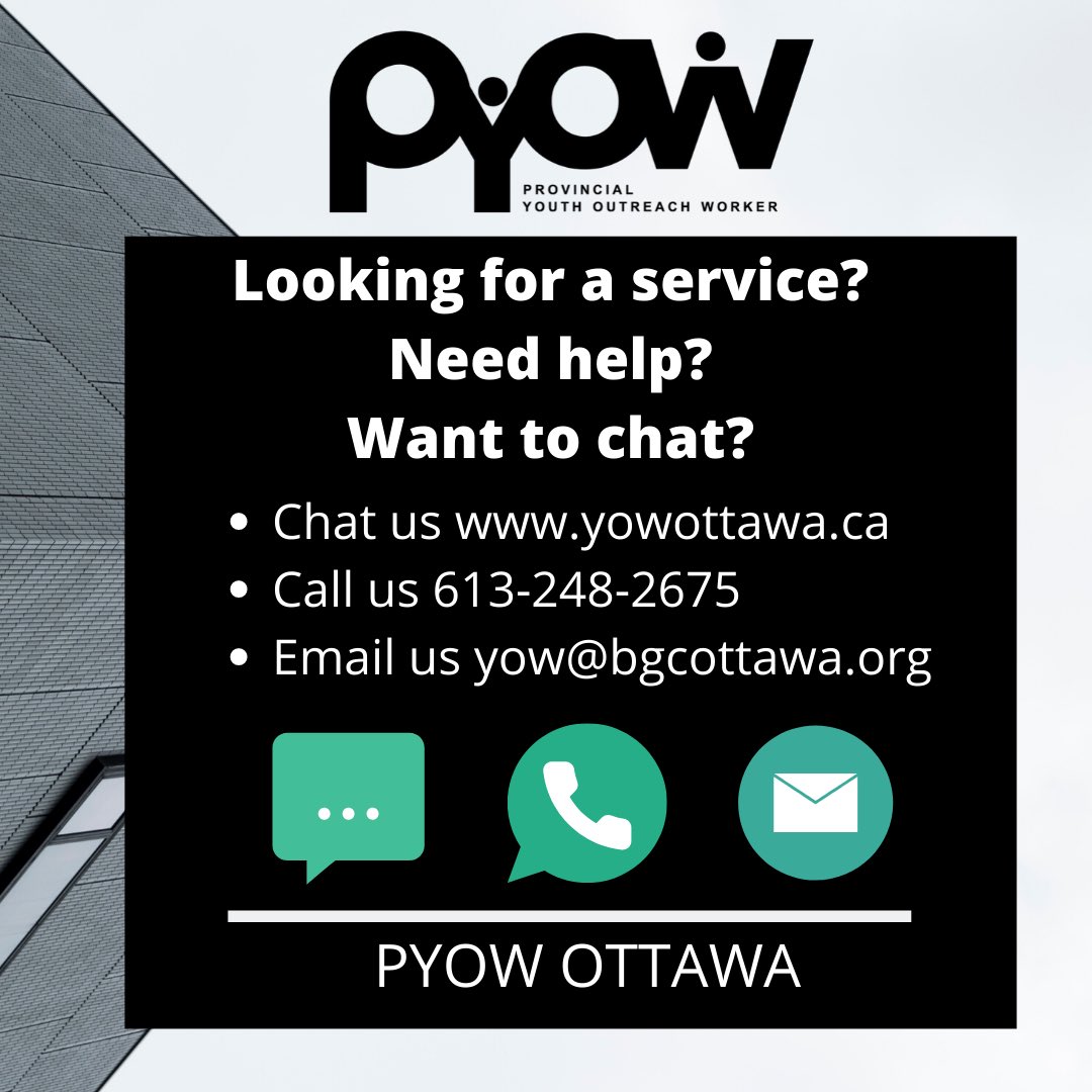 PYOWOttawa's tweet photo. We are here for you & you can get in touch with us by phone, email & chat. Let us know what you need & we will get you connected. #youth #ottawa #pyow #outreach #services #chat #email #phone https://t.co/BkYOADNaqY
