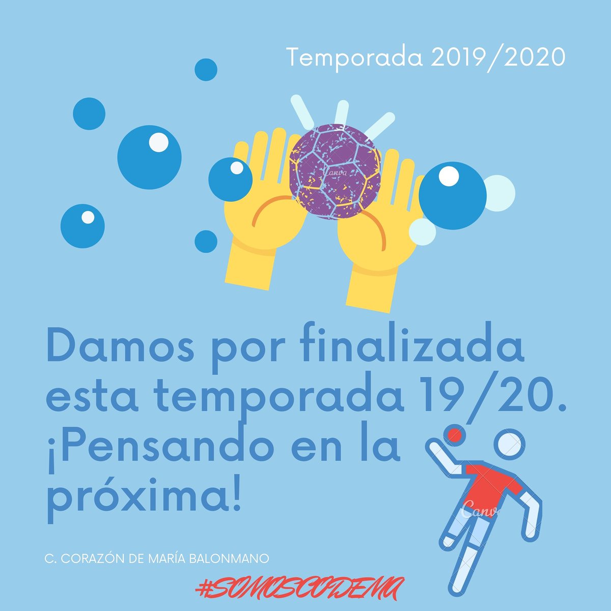 ¡Hola a tod@s!

Pese a que era un final ya casi escrito, tenemos que dar por finalizada esta temporada 19/20

Pronto empezaremos a organizar la próxima temporada con todas las esperanzas puestas en volver a la normalidad.

No queda nada😉

#SOMOSCODEMA
