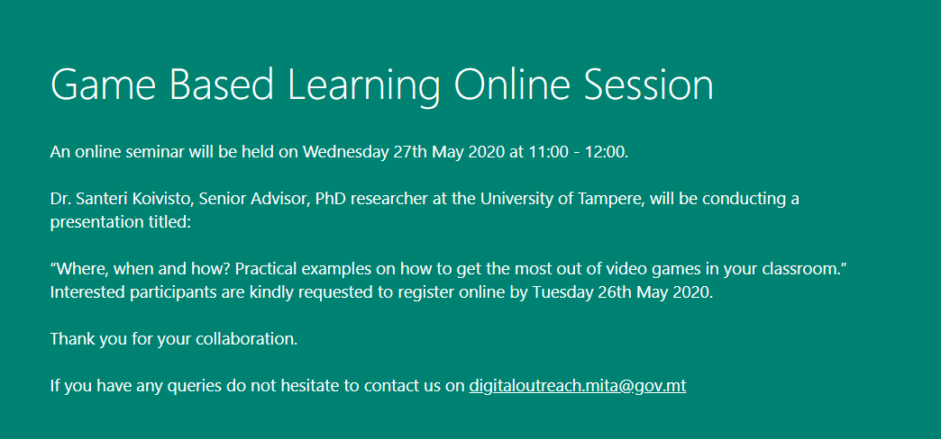 Calling all educators 📣👩‍🏫👨‍🏫
𝗦𝗮𝘃𝗲 𝘁𝗵𝗲 𝗱𝗮𝘁𝗲 - 𝗠𝗮𝘆 𝟮𝟳𝘁𝗵
You are invited to participate for an online session on Game-Based-Learning by a foreign speaker, expert in this field 🖥️🖱️

For more information and registration click here: bit.ly/3bP9U0u
