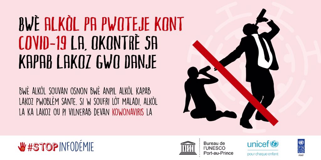 HaitiCampagne's tweet photo. ⚠️ Pandan #Covid19Haiti a, nou souvan tande anpil mesaj ki mande bwè alkòl pou touye viris viris la anndan nou. Atansyon! ❌

✅ Alkòl (~70%) ka DESENFEKTE men 👐🏽, ak lòt objè n ap itilize yo kont #kowonaviris la. 

Men BWÈ ALKÒL KA LAKÒZ gwo danje❗️pou sante nou! #STOPinfodémie https://t.co/IWKtJXCQHt