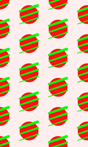 SnowEsamosc's tweet photo. #つぶやきProcessing
#タロット 恋人(?)
float w,h,i;
size(300,500);
background(#FFEEEE); 
noStroke();
for(w=0;w<310;w+=99)
 for(h=-w/2;h<510;h+=99){
  fill(#FF1111);  
  circle(w,h,64);  
  fill(#00FF00);
  for(i=0;i<64;i++){
   circle(w-32+(i*3)%64,h+32-i,i/10F+3);
  }
 } https://t.co/qj8ZViPGjn