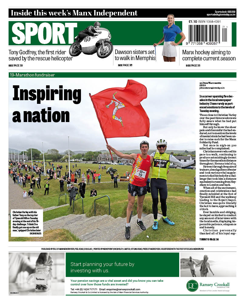 Isle of Man Today Sports Desk (@iomsportsdesk) on Twitter photo There was only ever going to be one man that could make the back page of the #Manx Independent this week...
Relieve all the emotions of Tuesday night and the culmination of Christian Varley's staggering 19 marathon charity effort.
#isleofman <a href="/iomnewspapers/">Isle of Man Community</a>
<a href="/FundManx/">Manx Solidarity Fund</a> There was only ever going to be one man that could make the back page of the #Manx Independent this week...
Relieve all the emotions of Tuesday night and the culmination of Christian Varley's staggering 19 marathon charity effort.
#isleofman <a href="/iomnewspapers/">Isle of Man Community</a>
<a href="/FundManx/">Manx Solidarity Fund</a>