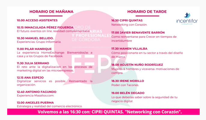 FEPCORDOBA's tweet photo. Hemos finalizado las ponencias de la mañana, ahora un breve descanso y retomamos a las 16.30 con Cipri Quintas. en #WorkingWomanFuture https://t.co/ctEnDr5JKs