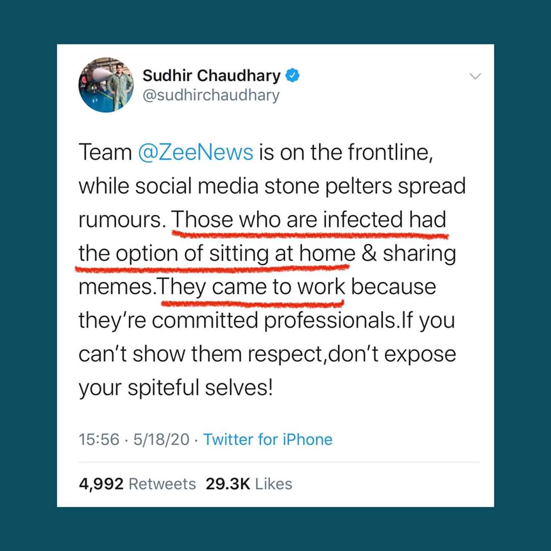 @Milan_reports 66 Covid19 positive cases and Counting At Zee News ... 
Can authorities file case against Zee News and #Arrest person who had asked infected people to come to office.  As per #sudhirchaudhary tweet,  infected people were coming to office . #ZeeWarriors #ZEEhadi