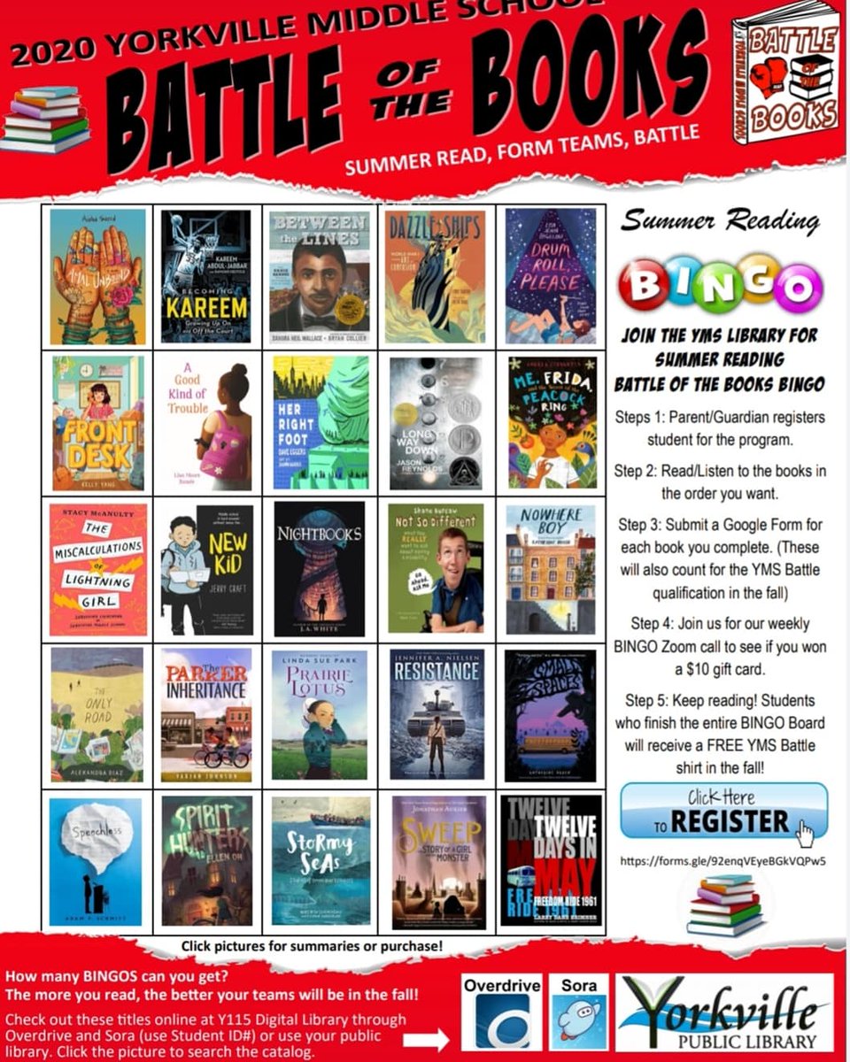 YMSLibrary's tweet photo. The school year is offically over, but reading never stops! Join @WameccaR &amp; @JulieGartung for some Summer Reading Bingo! Open to students entering grades 7-9 in @Yorkville115. @115yms https://t.co/PpCVO04ya4