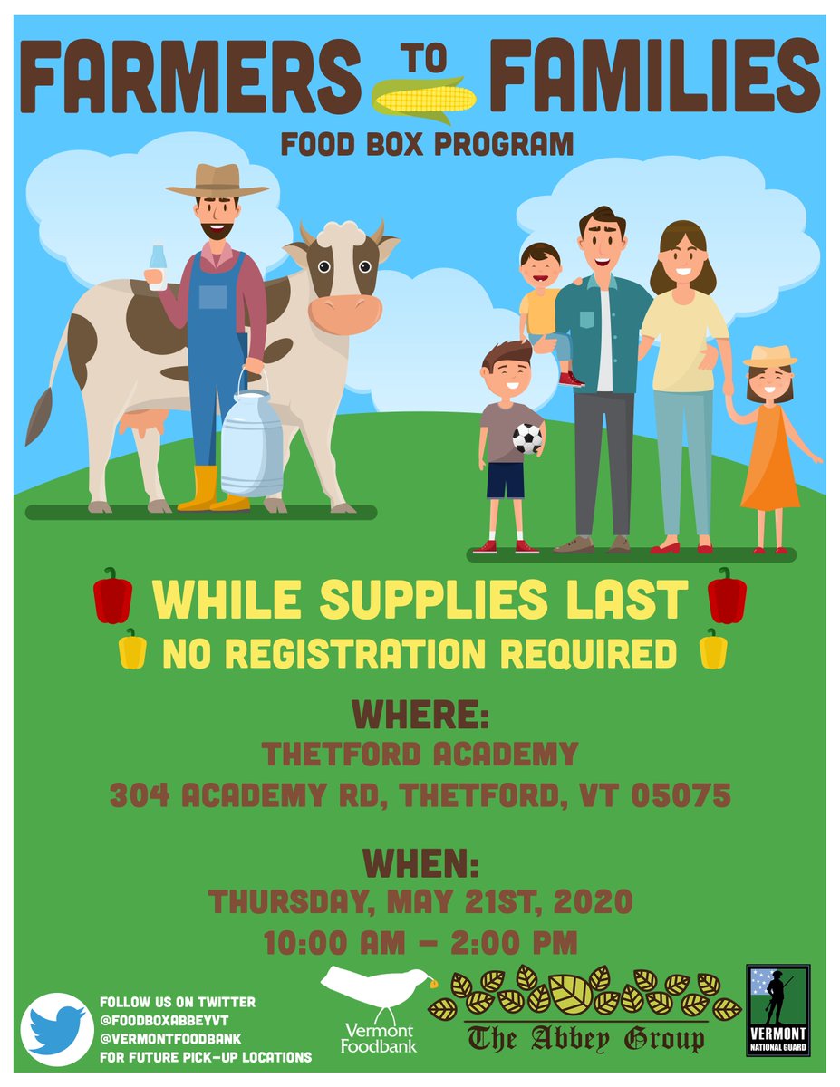 Today's event is @ Thetford Academy! All #Vermont #FarmerstoFamilies pick-ups are from 10a-2p and fresh food boxes are available while supplies last. Please attend the event closest to you. Keep checking back for updates on upcoming dates and locations!