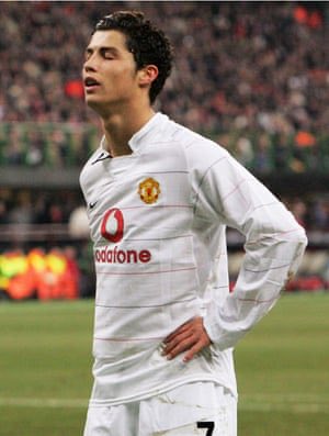 UCL 2004-2005: Manchester United is out vs Milan, round of 16. (0-1 at home, 1-0 at San Siro). Ronaldo is anonymous in both games.