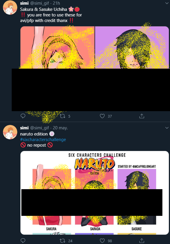 Subtlety isn't her forte,she was posting her own art,& talking and following the same people in a matter of minutes.I've painted over the images to avoid reposting her art & including ppl who arent involved,because I respect privacy,intellectual property and copyright, unlike her