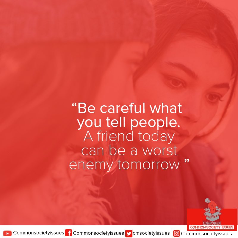 cmsocietyissues's tweet photo. “Be careful what you tell people. A friend today can be a worst enemy tomorrow”.
👇🏽
COMMON SOCIETY FACTS
👇🏽
#commonsocietyissues #unspokencommonsocietyissues #mentalhealth #mentalhealthawareness #mentalillness #commonsocietyfacts #UCSI https://t.co/KyUPfayG1g