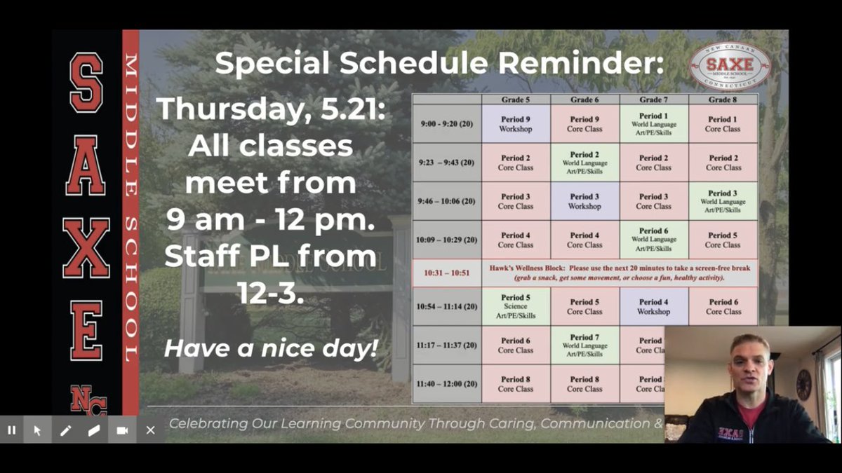DavidGusitsch's tweet photo. Good morning, @SaxeMS! Please remember, we have a modified schedule today. All students: 9-12 (G5, G6 start with P9). Staff will have PL from 12-3. Have a great day, All! https://t.co/itAYAcK71m