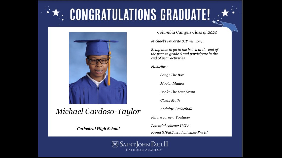 MsJoysClass's tweet photo. Drumroll please...today’s Grade 8 spotlight features MICHAEL CARDOSO-TAYLOR. This is a special time for our graduates and we are so very proud of ALL our graduates! @SJP2Columbia @SJP2CA @csoboston @icsfboston https://t.co/u8Jm7bMqK7