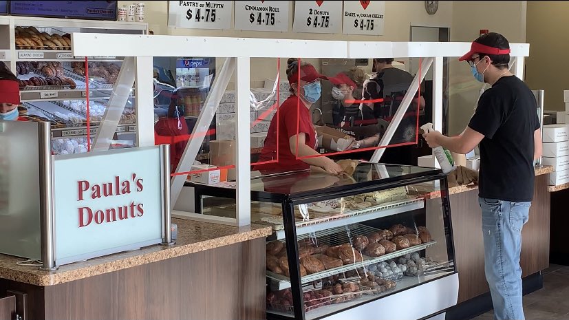 PhotogWKBW's tweet photo. The line is out the door at @PaulasDonuts, but thats partially due to new rules in place. Only ten customers are allowed inside at any given time. I’m told that every thirty minutes there is a “sanitizing period”. 

There is a pre-paid pickup area outside as well. @WKBW https://t.co/oIZqhiBRsH