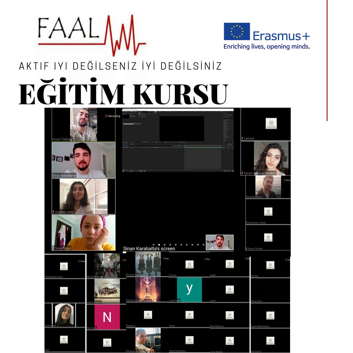 FaalDernegi's tweet photo. Bir eğitim kursumuzu daha sonuna geldik. ☺❤Pandemi döneminin en Faal derneği olmaktan  gurur duyuyoruz 🥇  Bu kursumuz da "After Effect" Video kurgulama eğitimiyle alakalı temel bilgileri  öğrendik. - Klonlama örneği
- Takip tekniği
- Green screen tekniği
-  videoya dönüştürme https://t.co/s8u7D8NV4i
