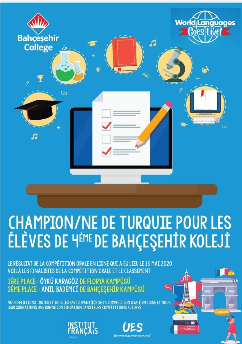 Fransa Büyükelçiliği Eğitimde İşb. Ataşesi Bruno Delvallée ve Institut français Türkiye'nin #Ankara kurslar müd. Hülya Öz, <a href="/bahcesehir_k12/">Bahçeşehir Koleji</a> Fransızca online yarışmasında jüri üyesiydiler. Yarışmaya katılan ve Türkiye şampiyonu olan öğrencileri ve öğretmenlerini tebrik ediyoruz.
