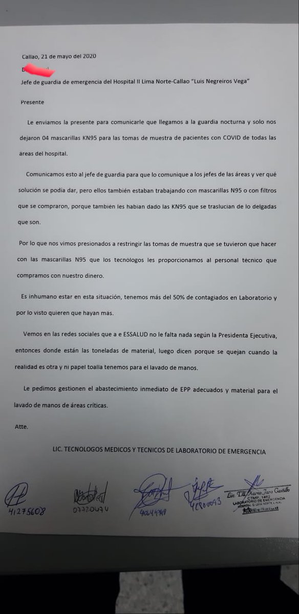mocchhe13's tweet photo. @EsSaludPeru Donde están las mascarillas adecuadas para la protección del personal de salud, las KN95 no ofrecen garantías necesarias y exponen más al personal de salud,  cada días son más infectados en el Hosp Negreiros, ya son más de 130 contagiados @jfowks @ocram @VictorBolvar1 @BibianaN8 https://t.co/cS08Rlheca