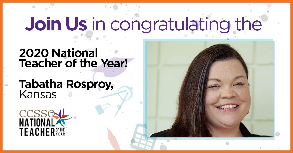 Congratulations to @TabathaRosproy on being named the 2020 National Teacher of the Year! Tabatha is an early childhood educator from Winfield, Kansas, learn more about her at ccsso.org. #NTOY20