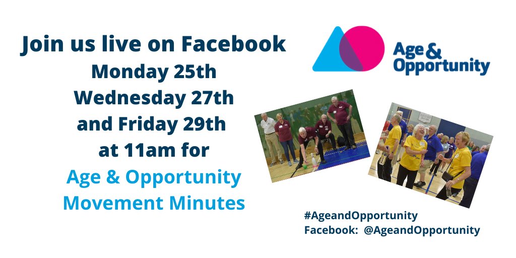 Will you take part in our Movement Minutes session live today at 11am?

Join us on Facebook by searching @ageandopportunity

#AgeandOpportunity #COVID19 #WeAreInThisTogether