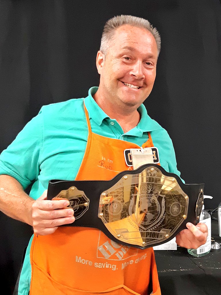 THDSoup's tweet photo. BDP is back and so is the belt! Congrats Rob on being the @HD3480 BDP Champ for FW14. Rob did an awesome job making sure paint applicators & fasteners were in stock for our customers! #FreightFlowFun @THDMikeP @JasonArigoni @SWhitehouse264 @CatlinPeter @fmbeaulieu @GrammyKimB https://t.co/sqDgDYU4oG
