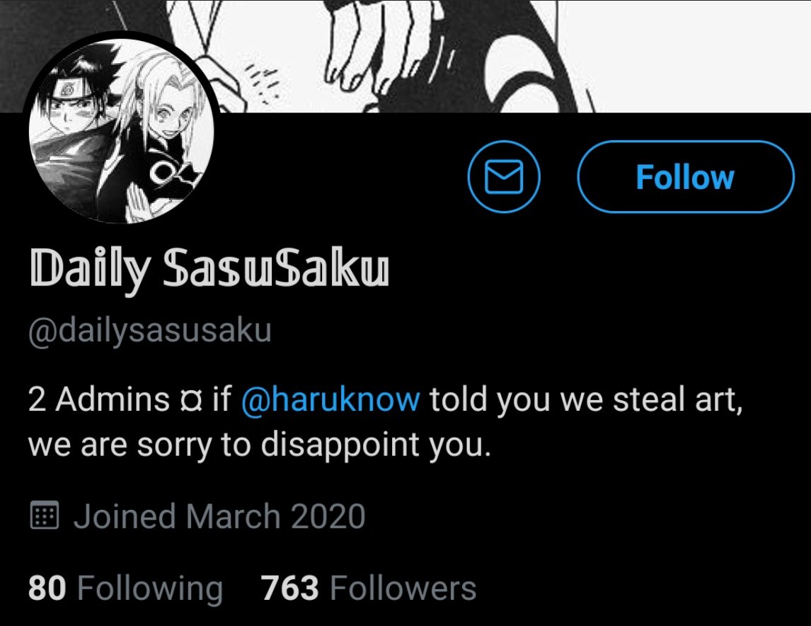 And of course, you aren't harassing anyone. That's exactly why dailysasusaku put someone's name in their bio just to lie. You don't steal art? The screencaps of this thread prove the opposite.