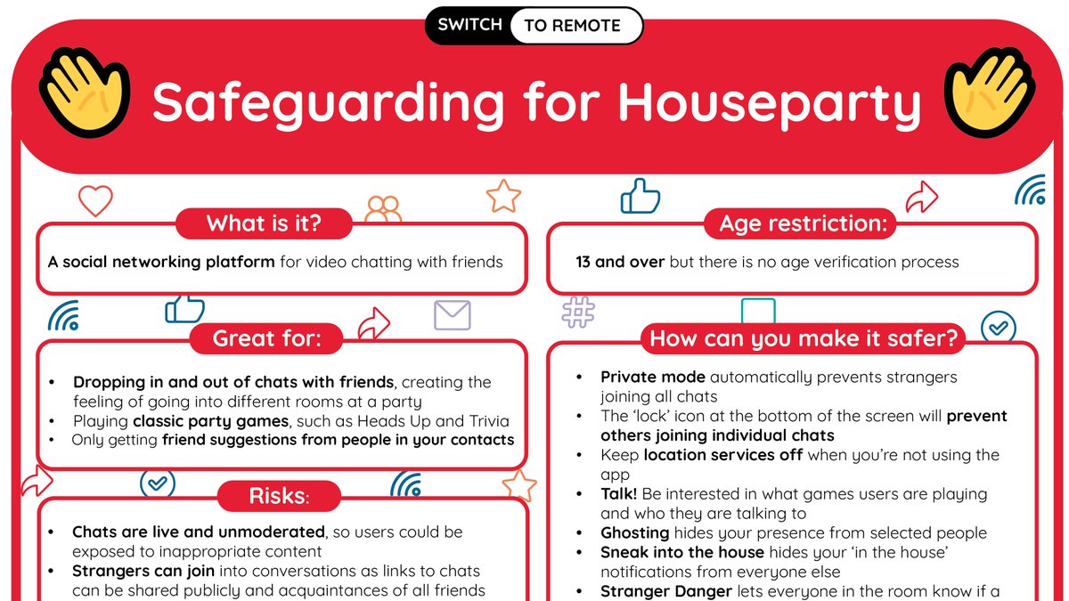 socialswitch_'s tweet photo. 😎 Our weekly safeguarding poster is here! 🥳 Starting with the popular app of lockdown with 17 million downloads last month! 
Have you given @houseparty a go❔Let us know your thoughts 🤔
#switchtoremote ➡️ https://t.co/jPMB9VOypj https://t.co/9nrvkFVj8r