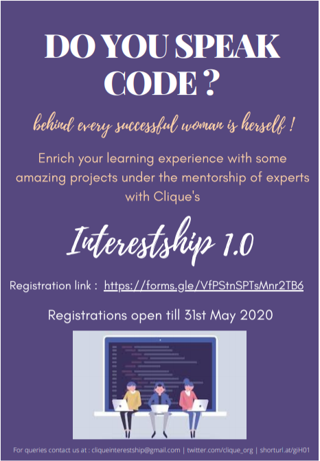 clique_org's tweet photo. The waiting is over to be a part of our first interestship program. You can look for more details in google form provided as below. 
The deadline to fill out the form is 31st of May,2020. 
Enroll it using this link:   https://t.co/ycz239RyAb

#WomeninTech #WomeninSTEM #community https://t.co/p3fJOzW3N0