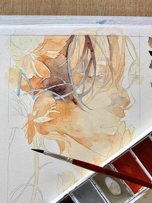 紅雨 #透明水彩 #顔彩 #絵墨 