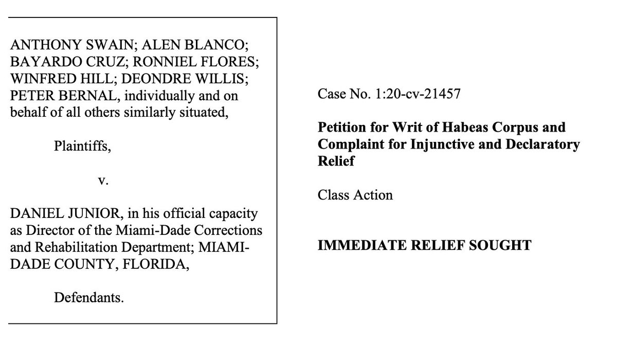 The lawsuit became Swain v. Miami: "The human beings confined do not have adequate soap. Have no safe way to dry their hands. Sleep w/n 1-2 feet of eachother. Wait days to get medical attention, & are denied basic hygienic supplies. Laundry detergent. Cleaning supplies. Tissues.”
