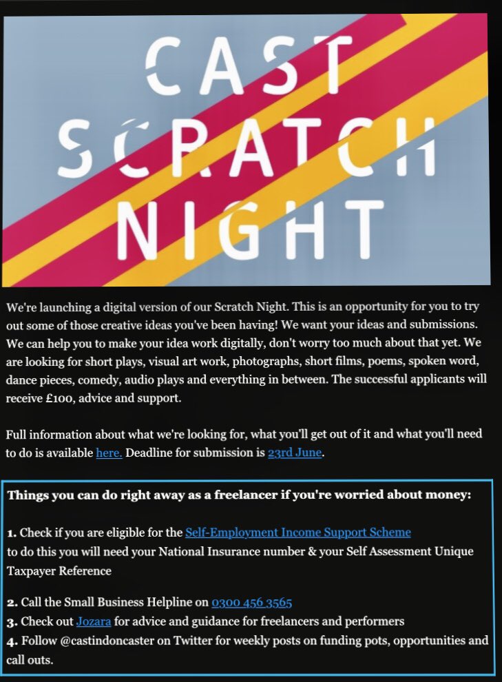 Digital Scratch Night application now open. This is open to anyone &amp; any idea £100 to successful applicants &amp; support to make your idea work for a digital sharing. Full Info here 👉 castindoncaster.com/for-artists/op…