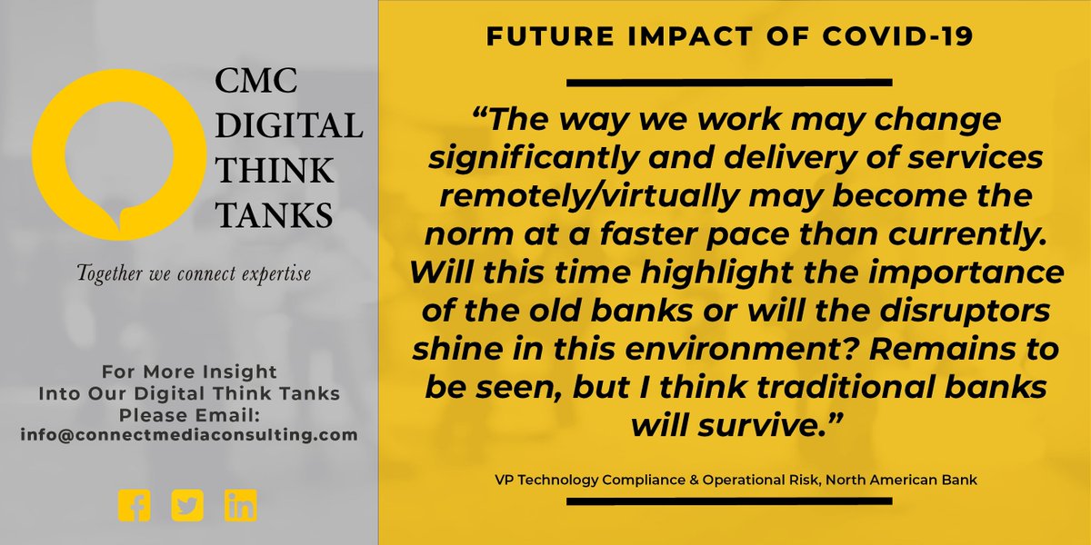 CMCSummits's tweet photo. "Will this time highlight the importance of the old banks or will the disruptors shine in this environment?" We would love to hear your thoughts so please leave a comment below.
#CMC #covid19 #business #banking #financialservices #challenges #fintech #digitalbanking #disruptors https://t.co/Q7qZnpVhHT