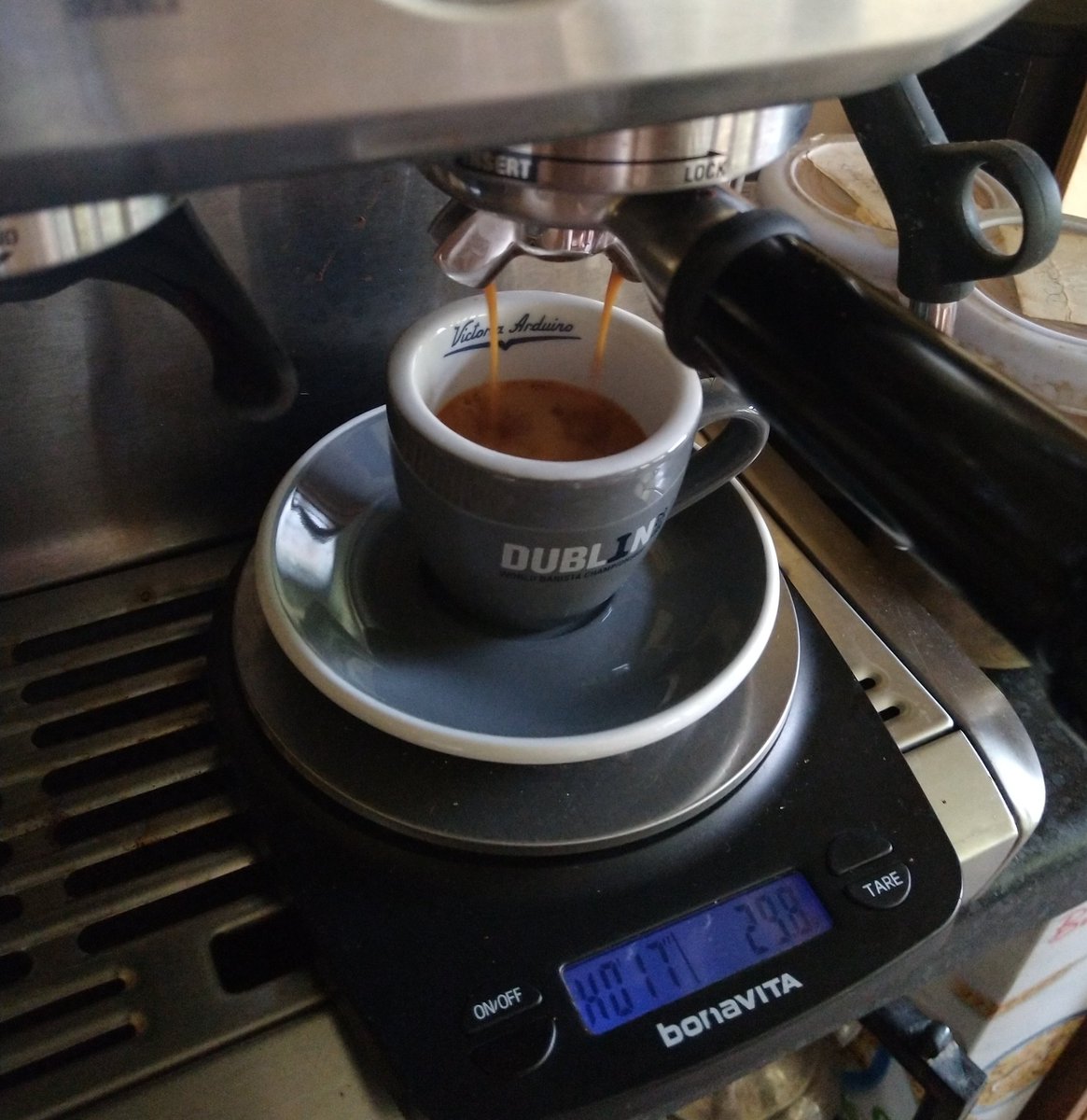 BrianCoffeeSpot's tweet photo. Well, it was this lovely grey cup, part of the @victoriaarduino #wbc2018 set from Dublin and recipient of today's Daily Espresso. https://t.co/7xRpTJSLYY