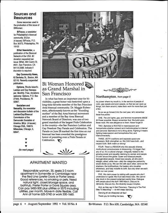 Interestingly, there was a Lesbian Liberation Rally held on the same day as the 1992 "Lesbian, Gay, and Bisexual" march (no trans yet).Meanwhile, longtime bi activist Loraine Hutchins made a glorious speech at the 1992 Northampton Lesbian Gay and Bisexual Pride March: