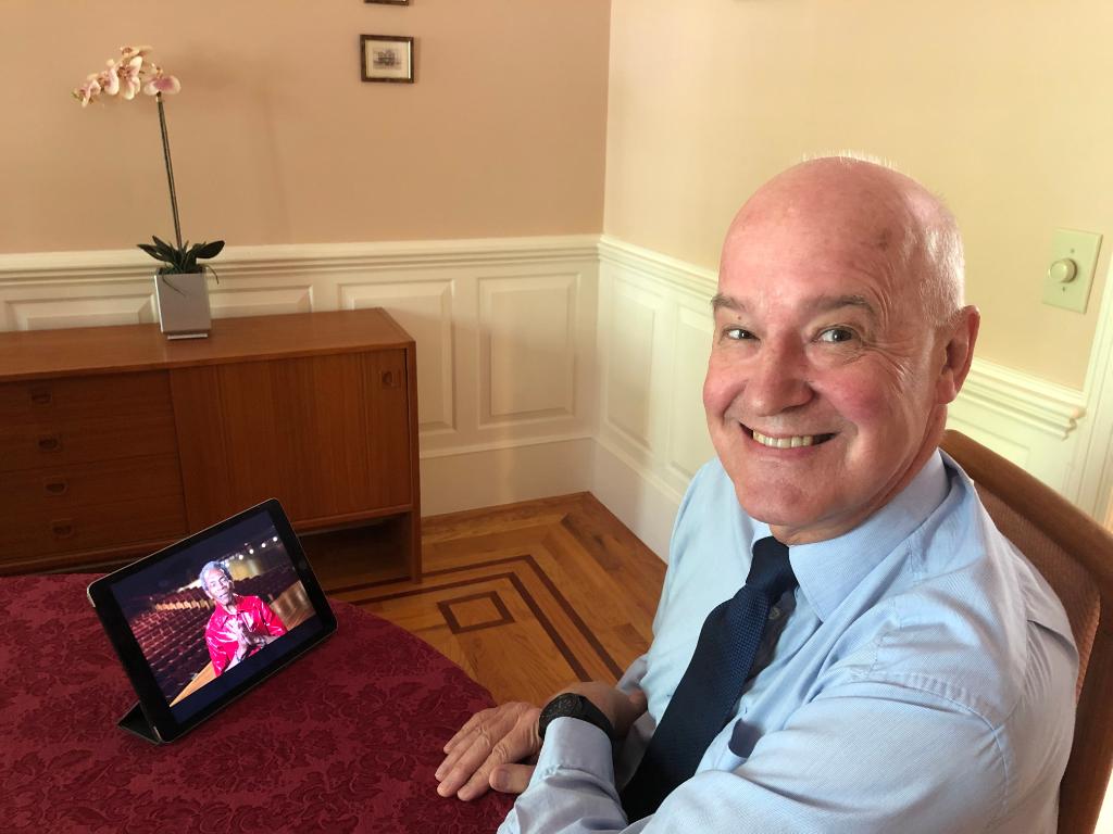nyuniversity's tweet photo. 📷: President Andy Hamilton tuning in to yesterday's celebration for #NYU2020 along with our grads! 

Revisit the full video anytime here: https://t.co/qalibI5loA https://t.co/kTR0wyab9u