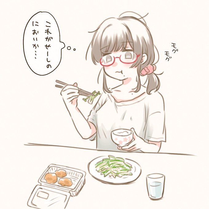 豆苗ともやしを炒めたものを食べている女の子のイラストです。 