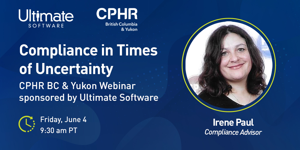 UltiHCMEvents's tweet photo. Calling all HR Professionals! Register today for the upcoming @cphrbc webinar on June 4th at 9:30 am PT. Join @UltimateHCM as we listen to Irene Paul discuss Compliance in Times of Uncertainty #cphrbc 🇨🇦https://t.co/AFwnDjUFFw https://t.co/mnPqSJT4b7