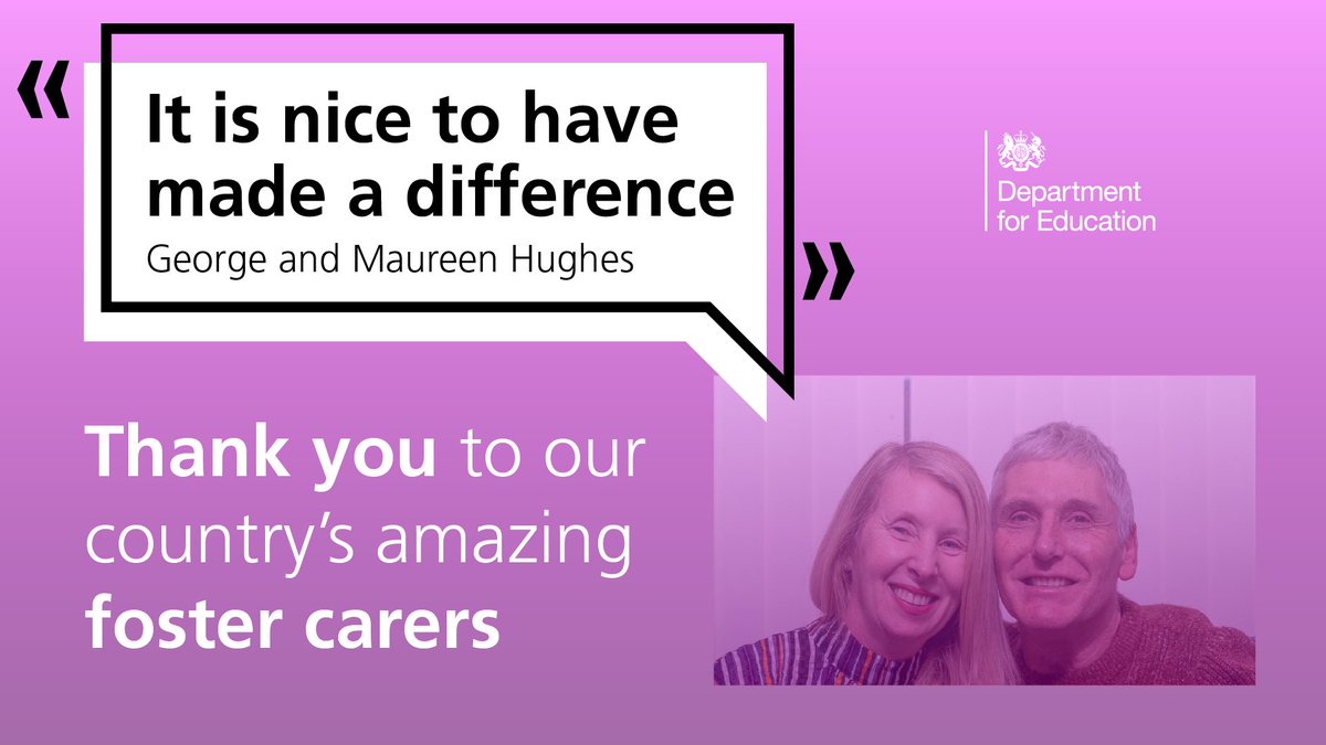 educationgovuk's tweet photo. This #FCF20, we want to say thanks to our amazing foster carers across the country. 

George and Maureen have fostered around 40 children and young people over 16 years. 

If you're interested in fostering, contact Fosterline on 0800 040 7675 or visit https://t.co/69FIGy5UtN https://t.co/PU7aaBQMte