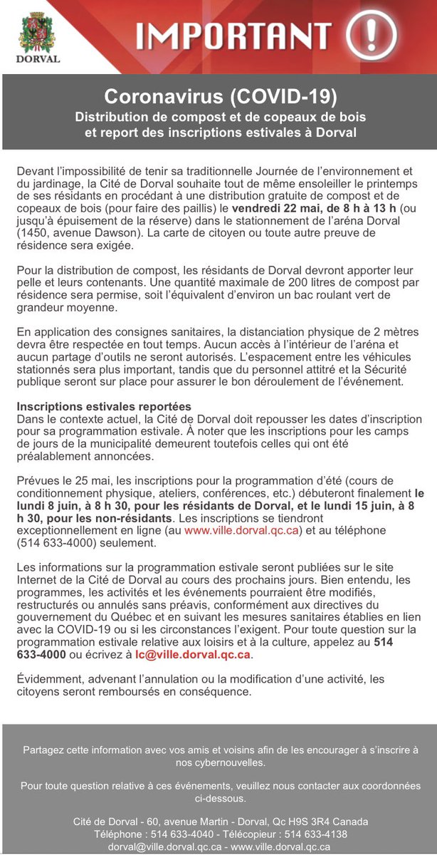 EnricoCiccone's tweet image. 🍄☀️Avis aux Dorvalois.es
Distribution de compost et copeaux de bois 👉22 mai, de 8 h à 13 h @ l’Arena de #Dorval au 1450, ave Dawson. 

🌾☀️Notice to Dorval residents 
Distribution of free compost and wood shavings.👉22 May, 8am to 1:30pm @ Arena, 1450 Dawson Ave.