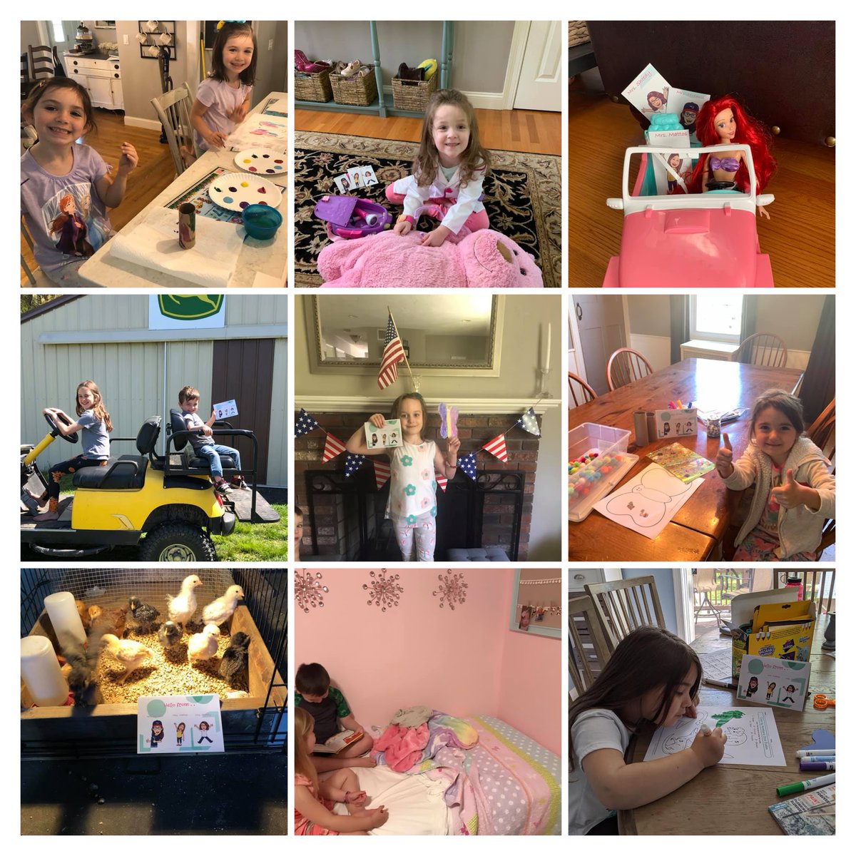 Preschool adventures of the "flat teachers" this week included listening to a bedtime story,  hanging out with some chicks, riding in a tractor, going to the beach with Ariel, playing doctor, and helping with school work and art projects.  Thanks for the fun everyone #wbwildcats
