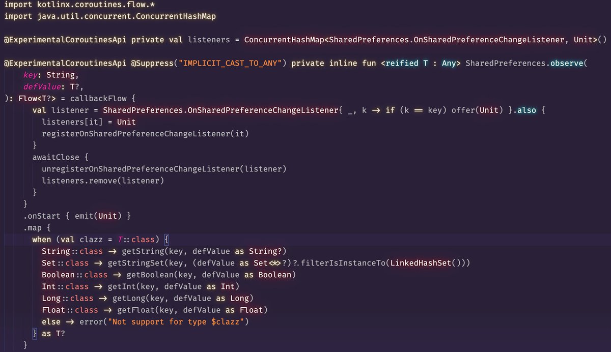 hoc081098's tweet image. 🌸 Observe SharedPreferences changes using #Coroutines #Flow. Because the Flow support is nullable type, there is no need to wrap nullable values in a Option wrapper
🍄Source code: gist.github.com/hoc081098/115b…
#CoroutinesFlow
#AndroidDev #KotlinAndroid
#Flow #FlowSharedPreferences