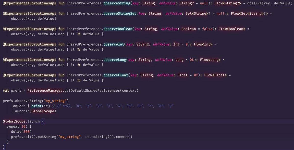 hoc081098's tweet image. 🌸 Observe SharedPreferences changes using #Coroutines #Flow. Because the Flow support is nullable type, there is no need to wrap nullable values in a Option wrapper
🍄Source code: gist.github.com/hoc081098/115b…
#CoroutinesFlow
#AndroidDev #KotlinAndroid
#Flow #FlowSharedPreferences
